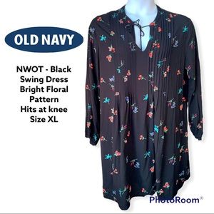 NWOT - Old Navy Long Sleeve Tie Neck Swing Dress - Black Floral - Size XL TALL